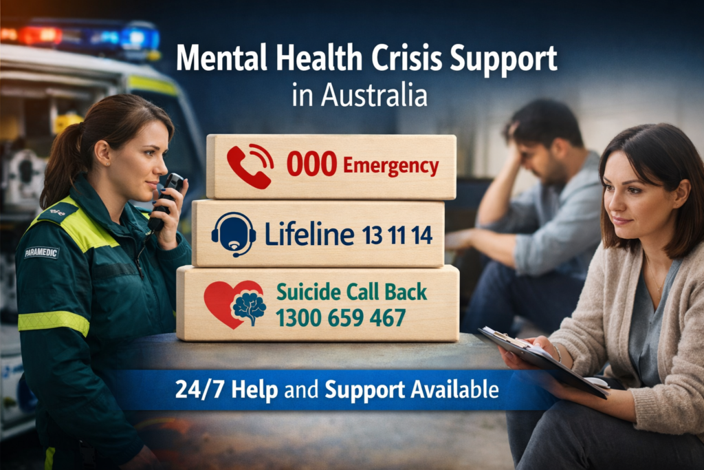 Mental health crisis support in Australia showing emergency services, counselling support and crisis helpline numbers.