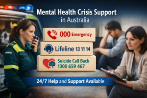 Mental health crisis support in Australia showing emergency services, counselling support and crisis helpline numbers.